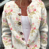 Fresh Pink Flowers and Green Leaves Print Buttoned Cardigan