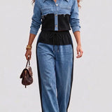 Natalie | Color-Block Cropped Jacket & Wide-Leg Pants Set